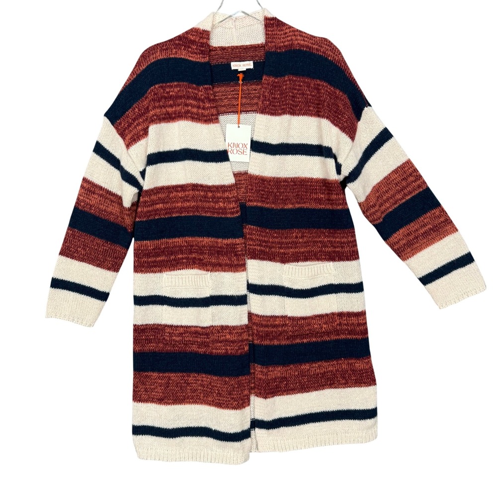 Knox Rose Womens Cardigan‎ Sweater Medium Blue Rust Stripe Knit Open Front NWT